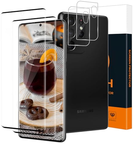 Carantee Film de protection d'écran en verre blindé pour Samsung Galaxy S21 Ultra 5G, 2 + 2 pièces, dureté 9H + protection de l'appareil photo, couverture complète 3D, toucher sensible, film de