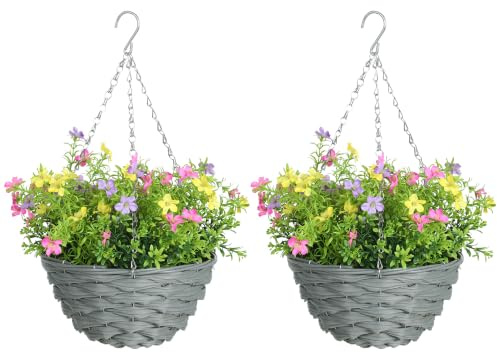 HOMCOM Artificial Cosmos Flowers Hanging Planters with Basket Set of 2