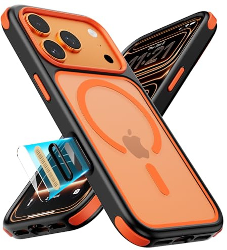 MobNano Hybrid Clear Magnetic Case for iPhone 17 Pro, [Support MagSafe Wireless Charging] Transparent Back Silicone Shockproof Bumper Hard Transparent Back iPhone 17 Pro Cover - Black/Orange