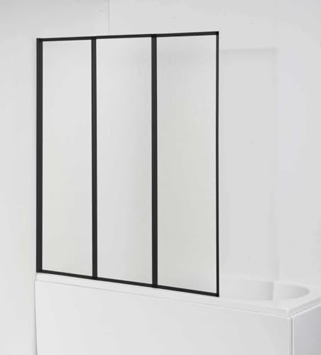 sanicomfort Duschwand für Badewanne MALO 120x140 cm – 3-teilig Faltwand, Kunststoffglas Tropfendekor, Alu-Rahmen, Spritzschutz für Badewanne, beidseitig montierbar, schwarz