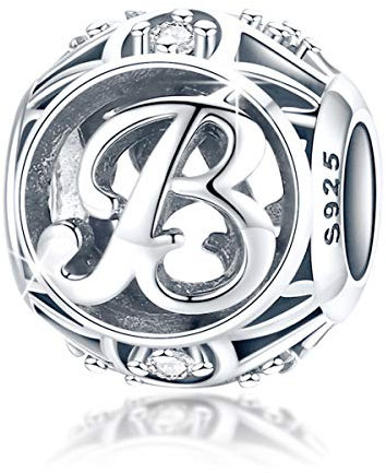 FOREVER QUEEN Alphabet Buchstabe B Charm Bead mit klaren Zirkonia kompatibel für europäische Armbänder 925 Silber Sterling Charm Anhänger,BJ09121-B MEHRWEG