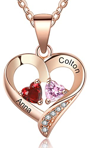 Grand Made 2 Nome Collana Donna con Pendente a Cuore Stimolato 2 Birthstone con Birthstone a Catena con Nome 925 Gioielli in Argento Sterling Placcato (Oro Rosa, Argento)