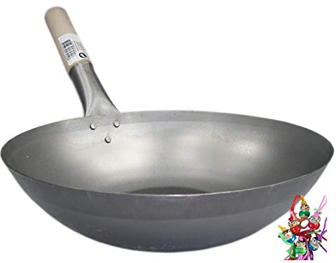 yoaxia ® - [ Wok Ø 35 cm Flacher Boden ] Asiatische Eisenpfanne/Küchen Wok/Pfanne + EIN kleines Glückspüppchen - Holzpüppchen