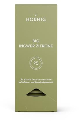 J. Hornig Bio Ingwertee mit Zitrone, Früchtetee im Premium Pyramidenteebeutel, fruchtig-frischer Geschmack, bio-zertifiziert, 25 biolgisch abbaubare Teebeutel