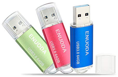 ENUODA Memory Stick 64GB 3 Pack USB 3.0 Flash Drive Cap Design Storage Thumb Drive (Green Red Blue)