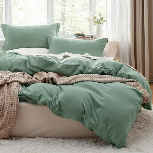 Bedsure Sage Green Duvet Cover Queen Size - 3 Pieces Prewashed Cotton-Like Polyester Extra Soft Bedding Set, Includes 1 Duvet Cover 90x90 Inches with Zipper Closure & 2 Pillow Shams, No Comforter