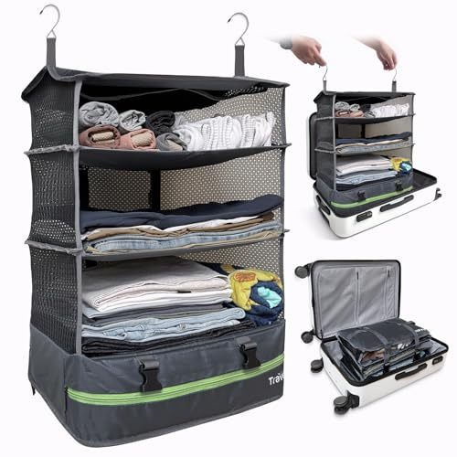 Grand Fusion Stow-N-Go tragbare hängende Reise-Regale, Packorganizer für Gepäck. Kleiderkoffer für Kleidung. Vergrößerbarer Packwürfel. Reiseutensilien. Dunkelgrau - XL