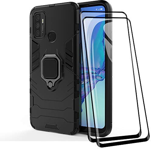 TANYO Hülle + Displayschutz [2 Stück] für Oppo A53S / A53, TPU/PC Hybrid Stoßfest Armor Bumper Handyhülle [360° Kickstand] mit Gehärtetes Glas Schutzfolie, Schwarz