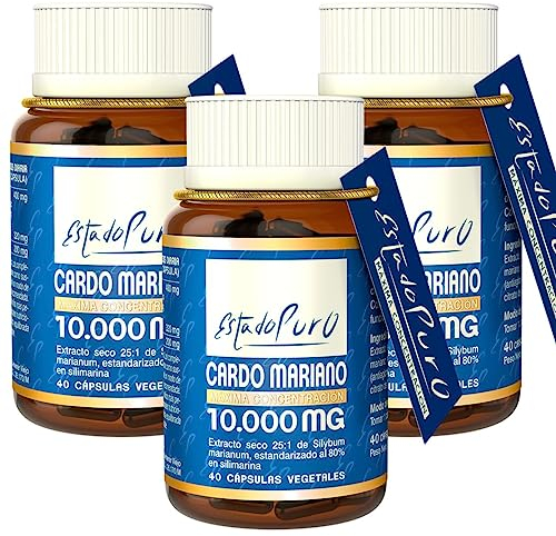 Cardo Mariano Estado Puro 10000mg | Extracto de Semillas Concentrado 25:1 con 80% Silimarina y Colina | Apoyo para el Hígado, Limpieza y Detox | 40 Cápsulas Vegetales de Tongil (Pack de 3)