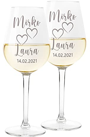 Colorfamily Coppia Calici Personalizzati Set da 2 calici Vino Personalizzati con Nome e Data Matrimonio Fidanzamento - Bicchiere in Vetro 500 ml