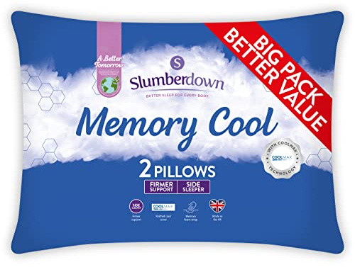 Slumberdown Cool Memory Foam Pillows 2 Pack - Cooling & Supportive Back & Side Sleeper Pillow for Neck and Shoulder Pain Relief | CoolMAX® Knitted Cover, UK-Made, Non-Allergenic, Easy Care (38 x 64cm)