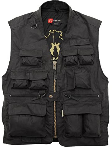 KAKADU Ölzeug Outdoor Weste für Angler Jagd Freizeit- robust und wasserabweisend mit vielen Taschen für Herren Damen schwarz und braun