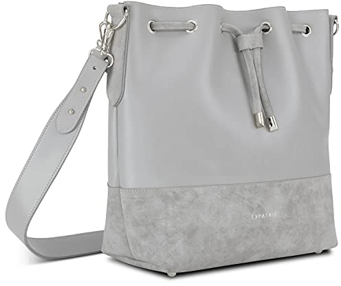 Expatrié Handtasche Damen Grau SARAH Bucket Bag Umhängetasche aus veganem PU-Leder für Shopping, Büro, Freizeit - Stylische Crossbody Schultertasche für Frauen