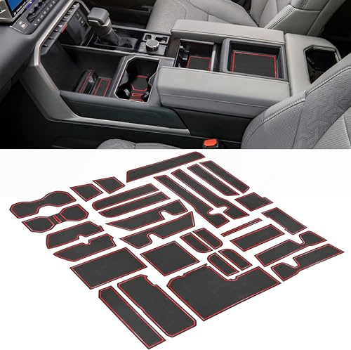 SENSHINE Custom Liner for Toyota Tundra Accessories 2022 2023 2024 Cup Holder Inserts Center Console Liner Mats Door Pocket Liners 30Pcs (Red Trim)