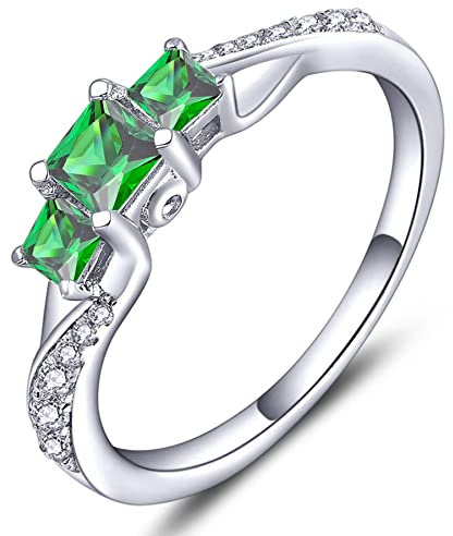 YL Verlobungsring 925 Sterling Silber Prinzessin geschnitten Mai Geburtsstein Smaragd 3 Stein Ehering für Damen Braut(Größe 54）