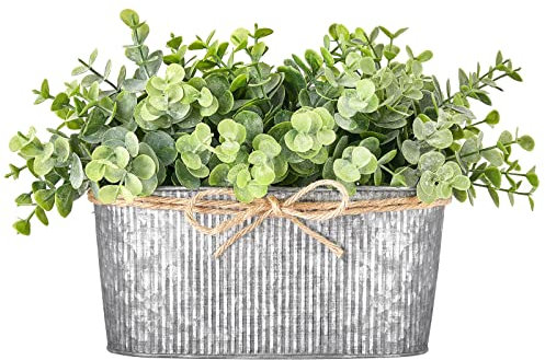 Dahey Pianta artificiale di eucalipto finta per interni per la decorazione della casa, piante finte in vaso rustico rettangolare da tavolo, centrotavola per ufficio, bagno, scrivania, stanza,