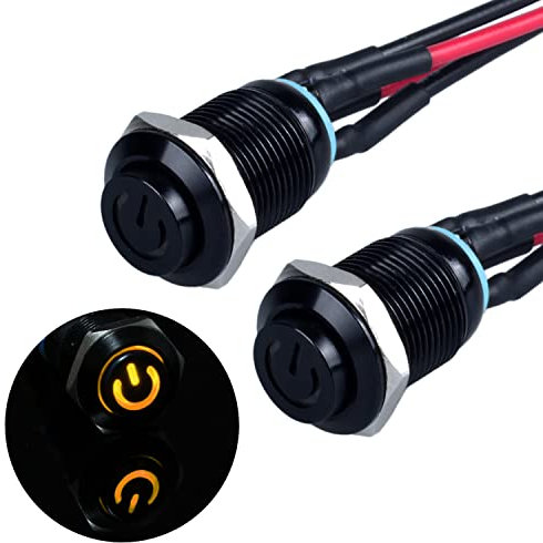 JIQI Lot de 2 boutons poussoirs étanches instantanés 12 V à 24 V 2 A IP66 avec éclairage LED Boîtier en métal noir Bouton poussoir momentané avec fils de connexion pour moto (tête haute, jaune)