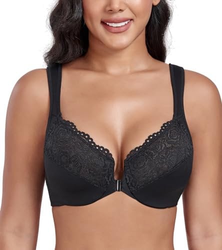 DotVol Women's Front Closure Wide Strap Underwire Bra Lace Plus Size U-Back Unlined Everyday Bra(Black,34F)