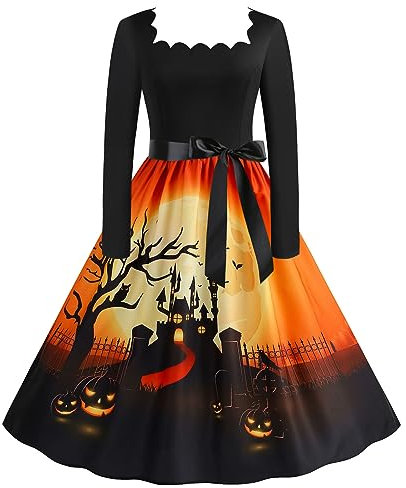 Générique Prinzessinnenkostüm für Damen, Vintage, Kürbis, bedruckt, lange Ärmel, Kostüme für Erwachsene, Cosplays Audrey Hepburn, personalisierbar, Abendkleid, Retro, Regular Pin-Up