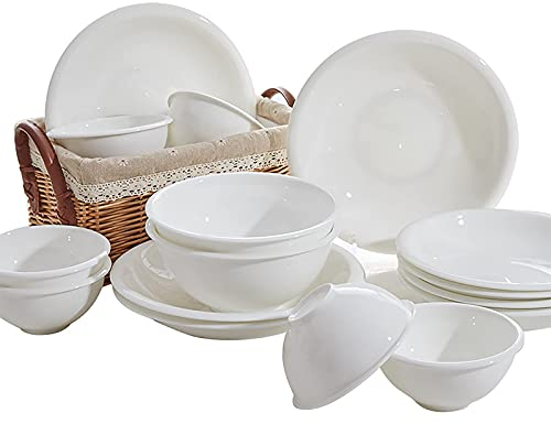 Juego de vajilla de porcelana de 56 piezas, porcelana blanca, redonda, espesa, para servir, juego combinado con cuenco de cereal, platos de postre, platos y olla de sopa, servicio para 12 personas