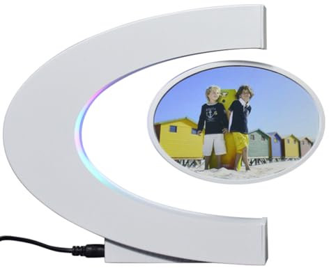 UVEHAS Schwebende Fotorahmen mit LED bunte Lichter Magnetische Levitation Schwebende rotierende Bilderrahmen Display Stand Nacht Lichter für Home Office Desk Dekoration Hochzeit Geschenk, C Form Weiß