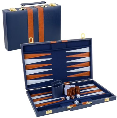 Gesserit Klassisches Backgammon für 2 Spieler - Brettspiel für Erwachsene Mit Hochwertigem PU-Lederetui - Tragbares Reise-Set (Marineblau, 18 Zoll)