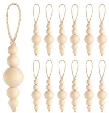 Luckforest Holzperlen-Ornamente, Boho-Weihnachtsbaumschmuck, Bauernhaus, natürliche Holzperlen, Weihnachtsbaum-Hänge-Holzperlen für Weihnachten, Party, Zuhause, hängende Dekoration, 15 Stück