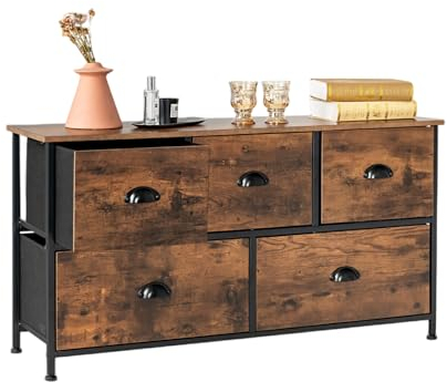 KOMFOTTEU Kommode mit herausnehmbaren & faltbaren Stoffschubladen, Sideboard mit Holzplatten, Beistellschrank Kleiderkommode für Schlafzimmer, Wohnzimmer, Büro (5 Etagen, 100x30x54cm)