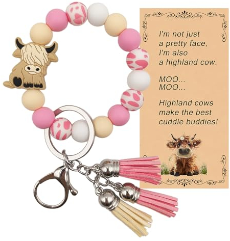 SHINYHARBOR Bracelet porte-clés en silicone pour femmes et filles, porte-clés en perles pour clés de voiture, porte-clés avec pompon en cuir, Vache rose., 8.5