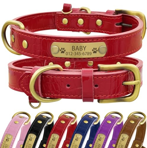 Senristar Personalisierte Hundehalsband aus Echtem Leder mit Eingraviertem Namensschild - Langlebiges und Stilvolles Hundehalsband für Kleine, Mittlere und Große Hunde (L, Rot)