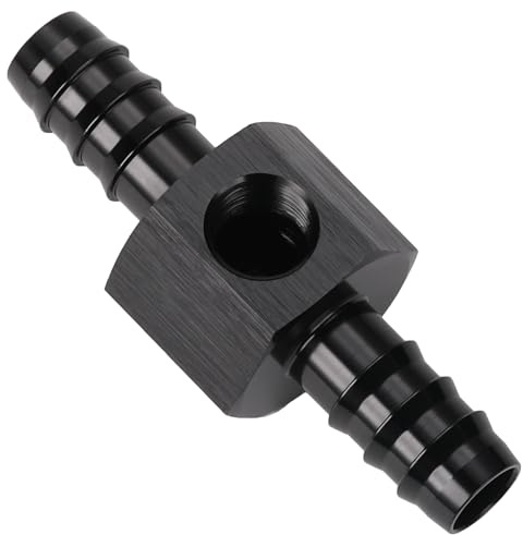Podavelle 3/8 Hose Barb Inline Fuel Pressure Gauge T Fitting Adapter Union with 1/8 NPT Sensor Gage Port Aluminum Black