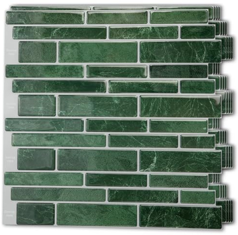 Art3d Set of 10 Adhesive Wall Tiles for Backsplash, Tile Effect, Vinyl, for Kitchen, Bathroom, Laundry, Marble Pattern, 12x12, Green