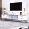 Meuble TV bas, aspect marbré, 170 x 37 x 47,5 cm, avec 4 pieds, 4 tiroirs structurés avec poignées dorées et deux portes marron en verre trempé, meuble TV moderne pour salon