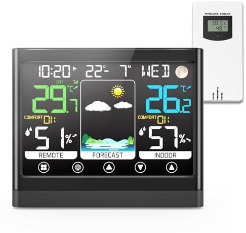 jely Stazione Meteo con Sensore Esterno, Stazione Meteo con Schermo Tattile LCD VA, Termometro Igrometro Interno Esterno con Previsioni del Tempo, Ora, Data, Sveglia, Fase Lunare