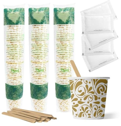 Perla, Kit 150 Bicchierini Caffè 75 ml in Carta, 150 Palettine in Legno, 150 Bustine di Zucchero, Bicchieri Caffè e Palettine Monouso, Bicchierini di Carta Usa e Getta