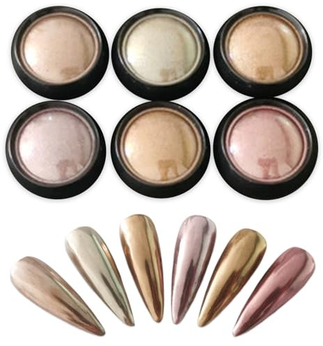 Nail Powder Kit, Rose Gold Metallic Chrome Glitter Powder, Chrome Nail Powder, 6 Colors Shiny Nail Art Pigment Powder, DIY Nail Decoration, Nail Art Accessories