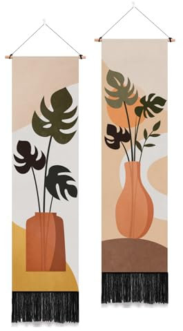 PLIGREAT 2er Pack Böhmen Blätter Wandteppich Vertikale Pflanze Wandbehang Vintage Boho Wanddekoration Wandbehang mit Quasten Botanische Ästhetik Langer schmaler Wandteppich für Wohnzimmer