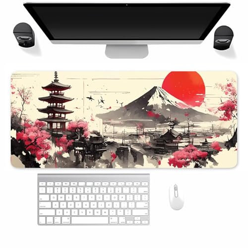 Grand Tapis de Souris de Jeu Paysage Japonais, Tapis de Souris XXL 800x300x2mm, Mat de Claviers étendu avec Bords Cousus, Facile à Nettoyer, pour Souris Claviers Gamer Bureau