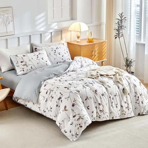 Tokokimo Parure de Lit 4 Pièces Housse de Couette 220x240cm + Drap Housse 160x200cm avec 2 taies d'oreillers 65x65cm en Microfibre, Motifs de Branches et de Feuilles, Blanc Gris