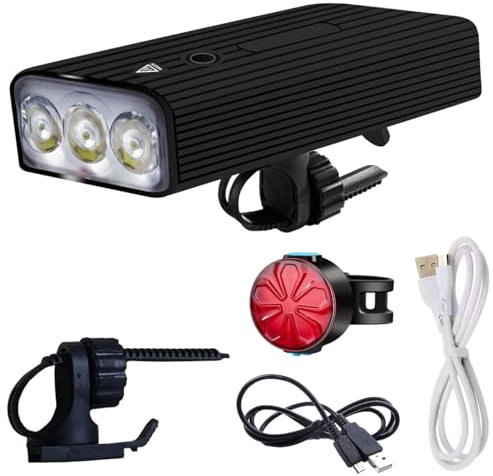 Rechargeable Bike Lights Front and Back Set, 6400mAh High Brightness LED Front Bike Light & 2600mAh Rear Light, USB Charging Waterproof Cycling Lights for Night Riding Safety, Road Mountain Bike Use