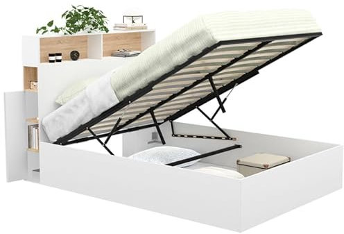 IDMarket - Lit Coffre Double Clyde avec tête de lit + rangements et sommier 140 x 190 cm Blanc et façon hêtre