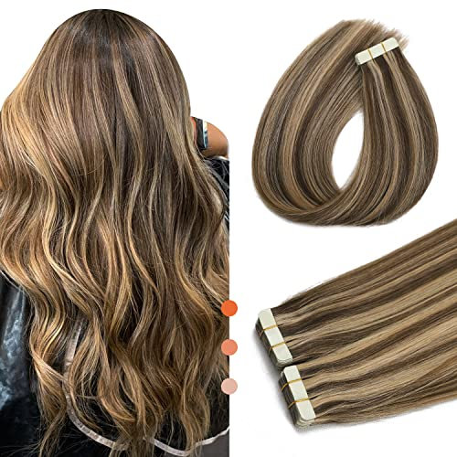 XDhair Tape Extensions Echthaar Schokoladenbraun bis Karamellblond 20pcs 50g 50cm extensions Echthaar Invisible Remy Tape in Echthaar Extension in der Farbe (#4P/27-20)