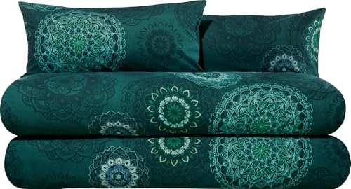 Erwin Müller Bettwäsche, Bettgarnitur Sparpaket 4-TLG. Flanell - Mandala - mollig warm, temperaturregulierend, mit praktischem Reißverschluss - Petrol Größe 40x80 cm / 135x220 cm