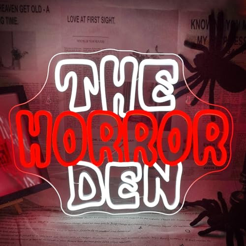 ineonlife THE HORROR DEN Neon Schild für Wanddekoration, dimmbare LED Horror Neonlichter, USB Leuchtschilder für Spukhaus Party, Horrorfilm Deko, Männerhöhle, Halloween-Geschäft, 16.5x12.5 in