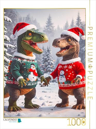 CALVENDO Puzzle Zwei Dinos haben Spaß im weihnachtlichen Schnee | 1000 Teile Lege-Größe 64 x 48 cm Foto-Puzzle für glückliche Stunden