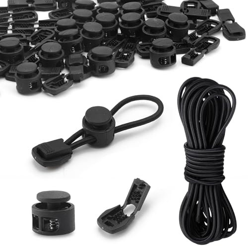 ZMDMAH Cordón de goma elástico de 10 m de 3 mm con 40 topes de cordón, 20 topes de cordón, 2 agujeros, banda de goma redonda, cuerda de goma elástica, cordón de goma para cordón, mochila, ropa