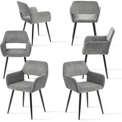 MEUBLE Cosy Esszimmerstuhl 6er Set Küchenstuhl Polsterstuhl Wohnzimmerstuhl Sessel mit Armlehne, Sitzfläche aus Cordstoff, Metallbeine, Grau