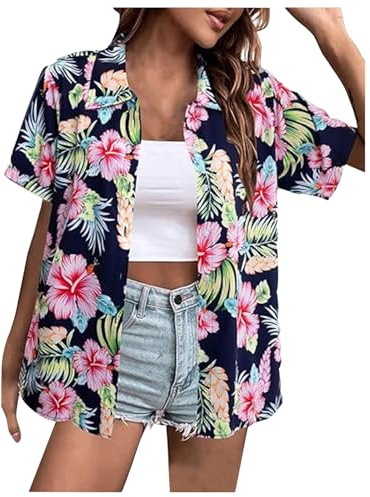 Hawaii Hemd Damen Hawaii Outfit Shirt Kurzarm Bluse Frauen Sommer Hawaiihemd Strandshirt Hawaiibluse Fronttasche Kurzarmhemd Strandhemd Floral Oberhemd Partyhemd Button Down Hawaiibluse
