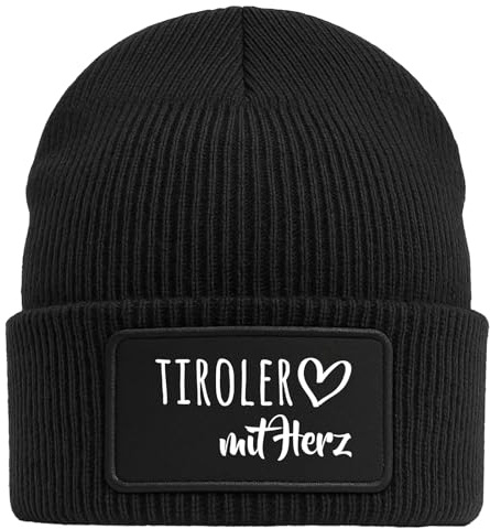 Huuraa Beanie Tiroler mit Herz Geschenk | Black Geschenkidee Schwarze Rippstrick Wintermütze mit austauschbarem Klett Patch