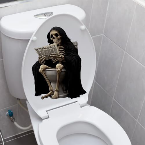 Iprokiu Lustiger Totenkopf Toilettensitz Deckel Aufkleber Wasserdicht Skelett Lesen Zeitungen Toilettensitz Abdeckung Aufkleber Selbstklebend Schädel Aufkleber für Badezimmer Dekoration (Schwarz)